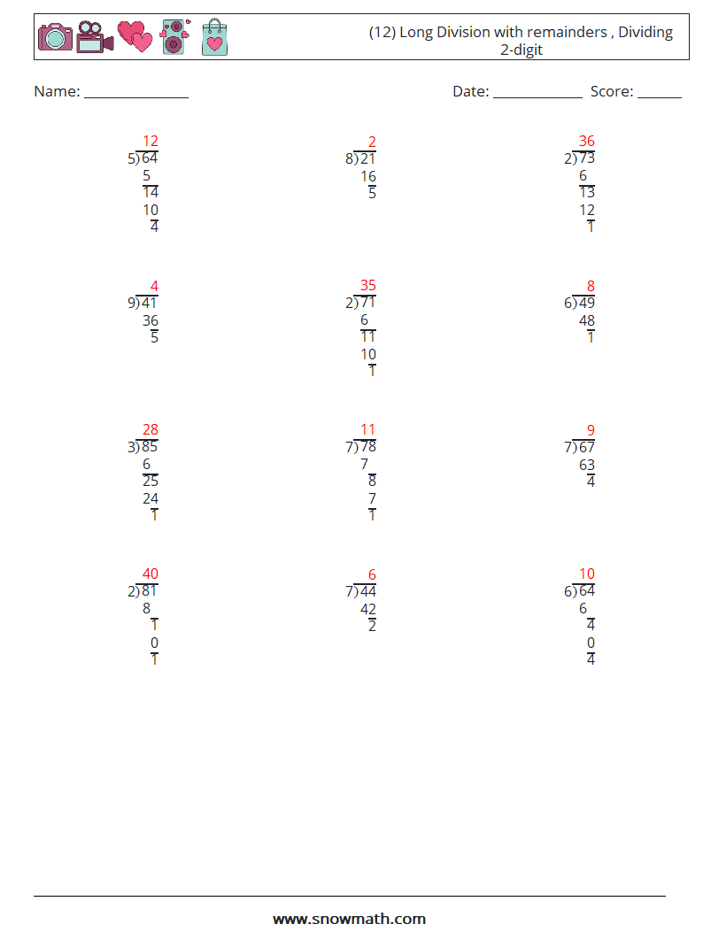 (12) Long Division with remainders , Dividing 2-digit Maths Worksheets 18 Question, Answer