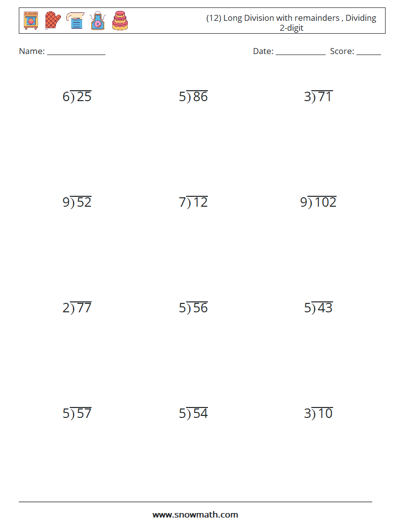 (12) Long Division with remainders , Dividing 2-digit Maths Worksheets 2