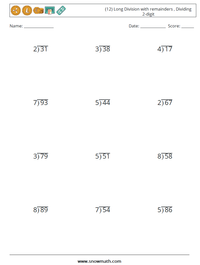(12) Long Division with remainders , Dividing 2-digit Maths Worksheets 3