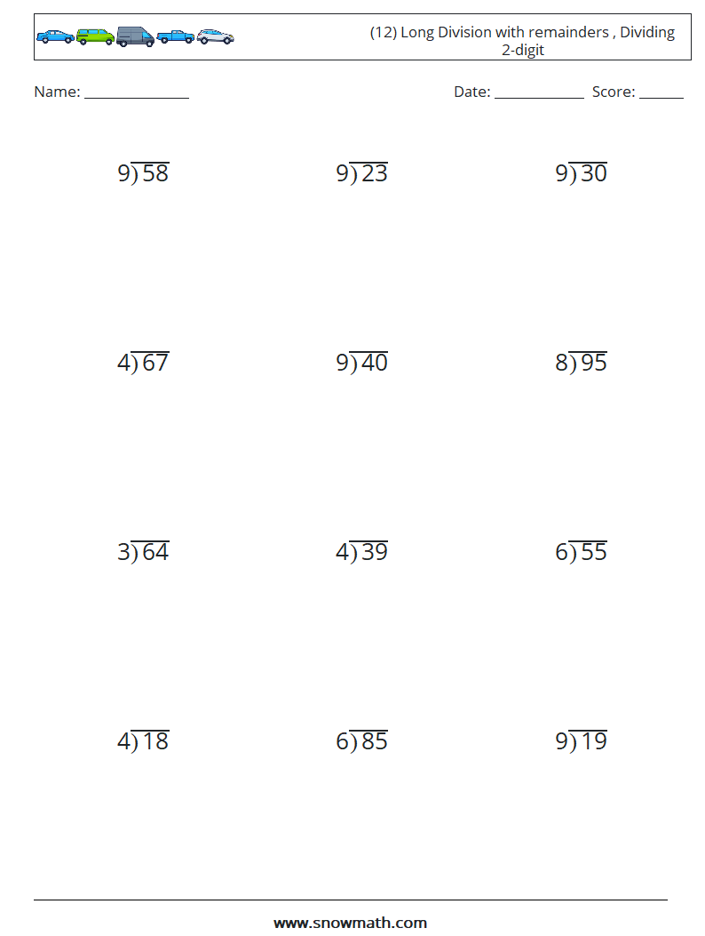 (12) Long Division with remainders , Dividing 2-digit Maths Worksheets 4