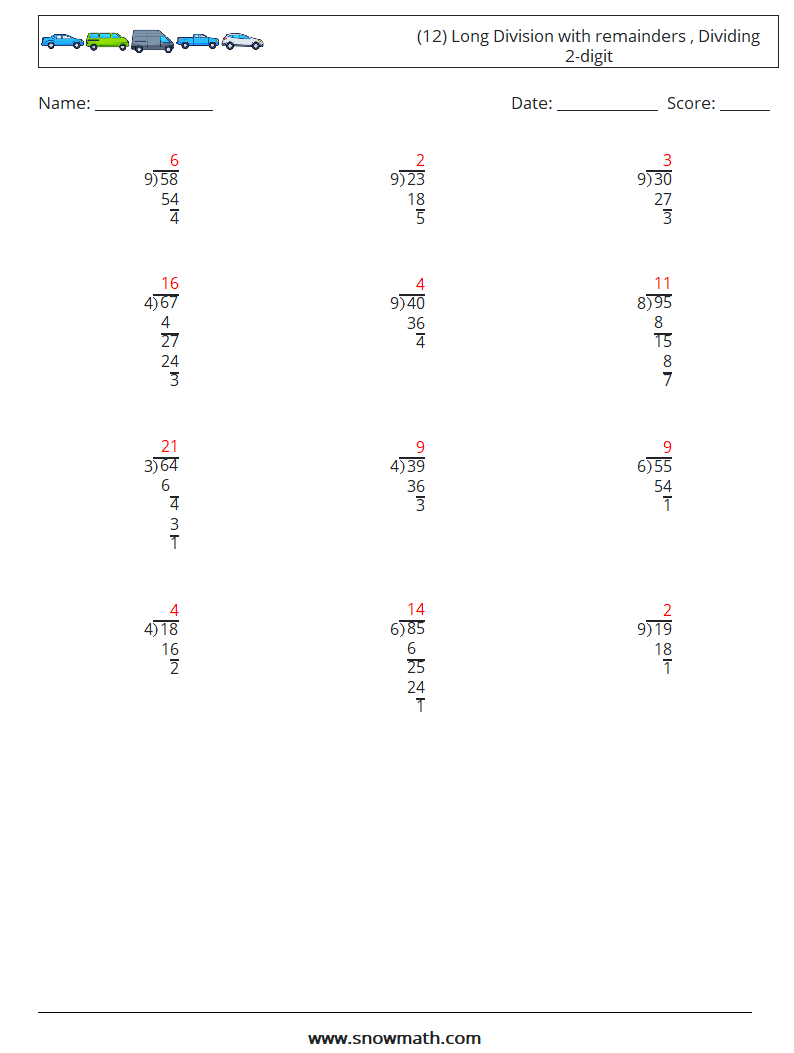 (12) Long Division with remainders , Dividing 2-digit Maths Worksheets 4 Question, Answer