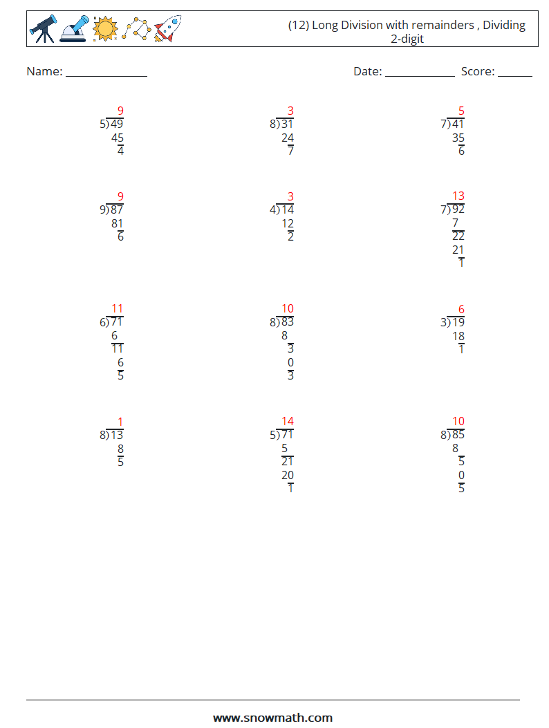 (12) Long Division with remainders , Dividing 2-digit Maths Worksheets 5 Question, Answer