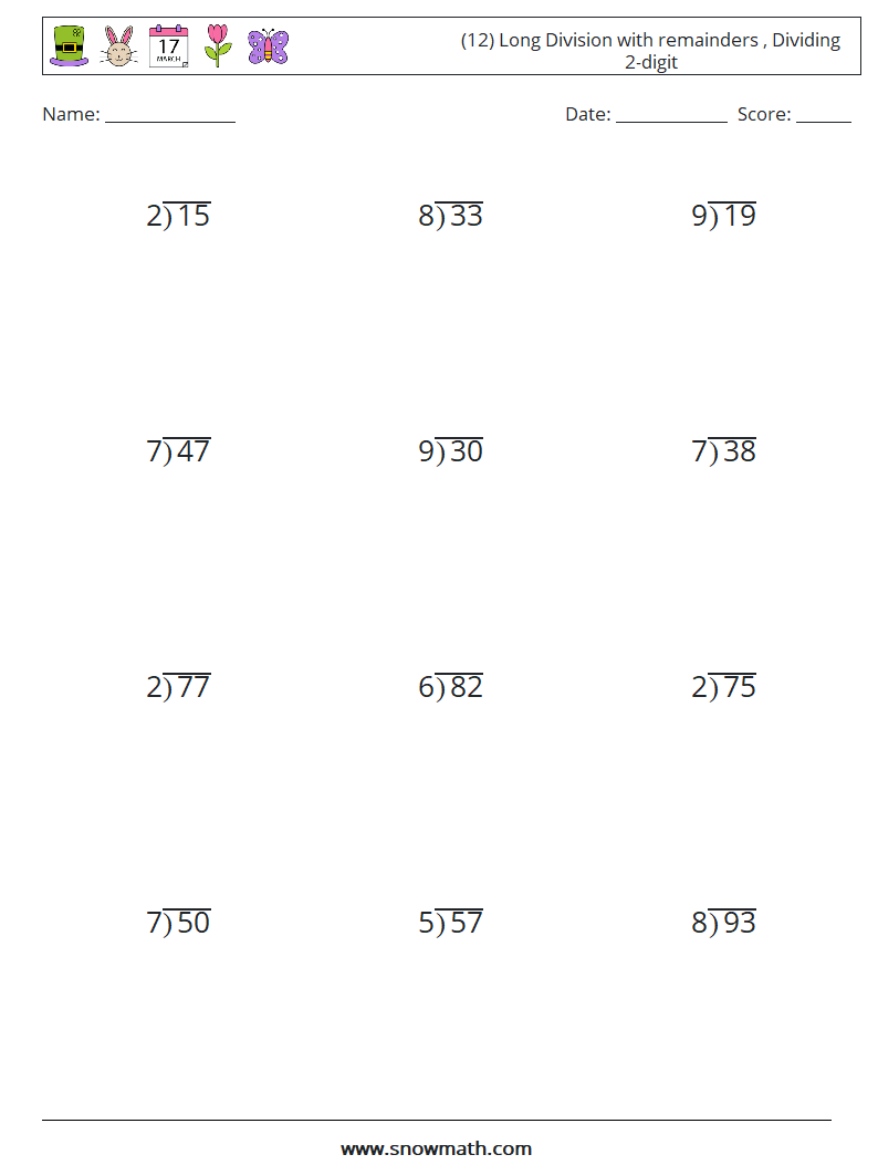 (12) Long Division with remainders , Dividing 2-digit Maths Worksheets 7