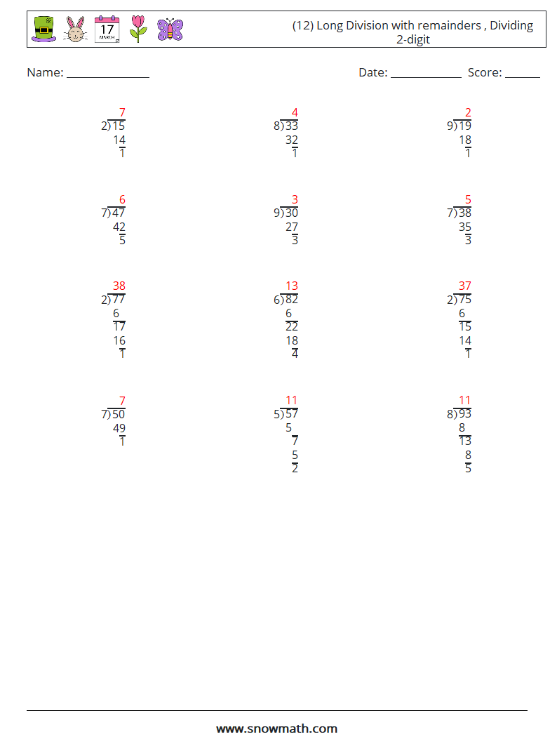 (12) Long Division with remainders , Dividing 2-digit Maths Worksheets 7 Question, Answer