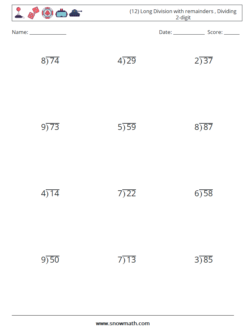 (12) Long Division with remainders , Dividing 2-digit Maths Worksheets 8