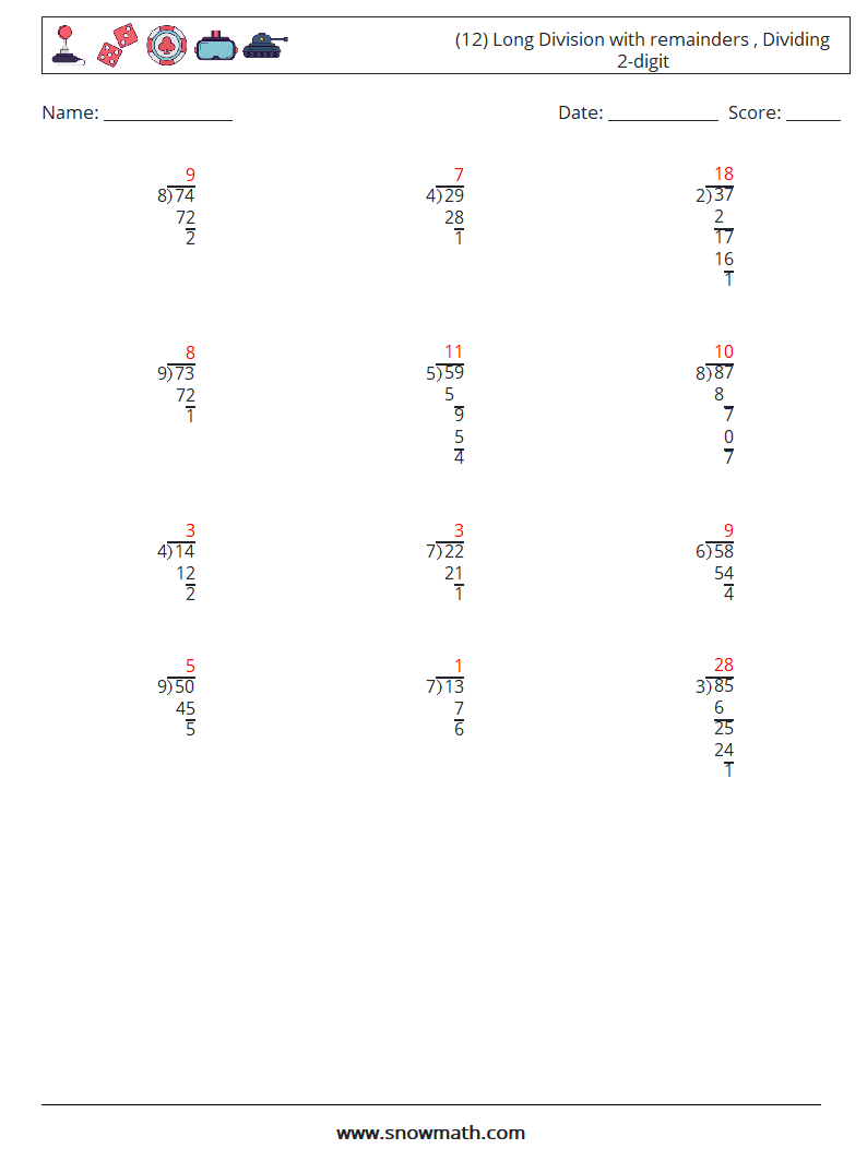 (12) Long Division with remainders , Dividing 2-digit Maths Worksheets 8 Question, Answer