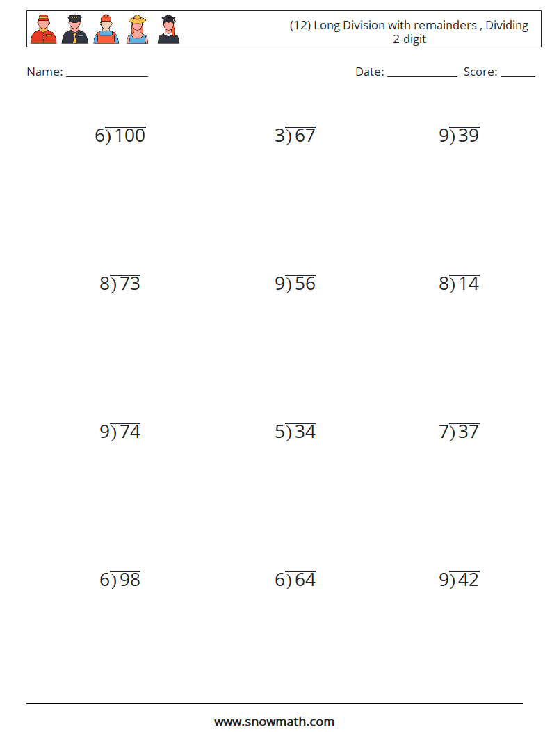 (12) Long Division with remainders , Dividing 2-digit Maths Worksheets 9