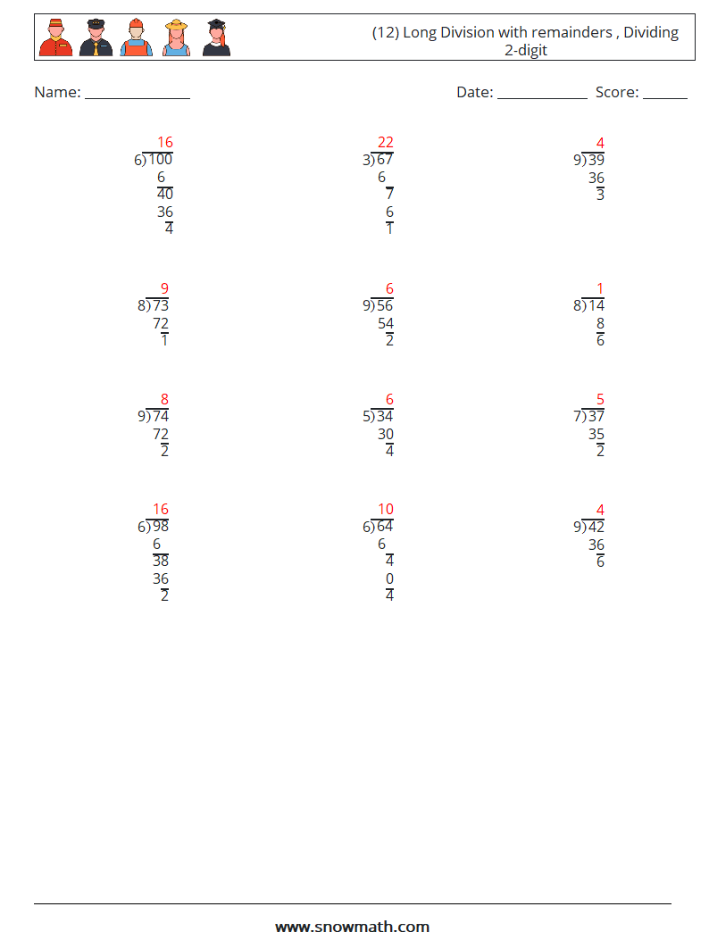 (12) Long Division with remainders , Dividing 2-digit Maths Worksheets 9 Question, Answer