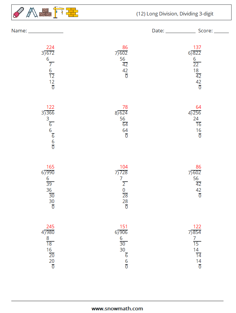 (12) Long Division, Dividing 3-digit Maths Worksheets 10 Question, Answer