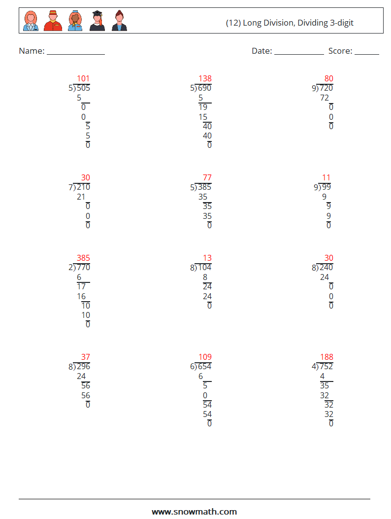 (12) Long Division, Dividing 3-digit Maths Worksheets 11 Question, Answer