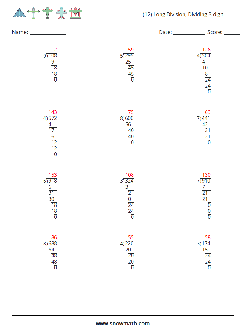 (12) Long Division, Dividing 3-digit Maths Worksheets 12 Question, Answer