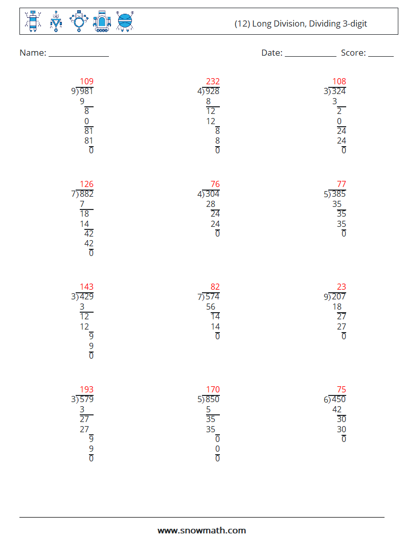 (12) Long Division, Dividing 3-digit Maths Worksheets 13 Question, Answer