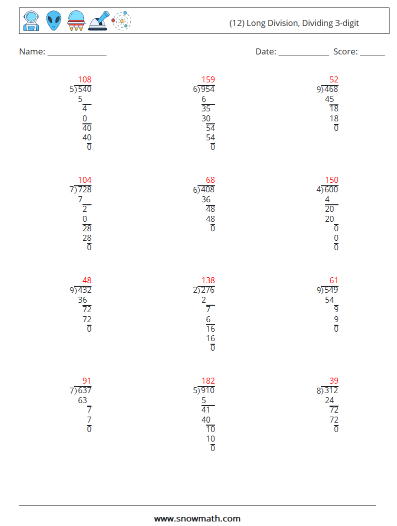 (12) Long Division, Dividing 3-digit Maths Worksheets 14 Question, Answer