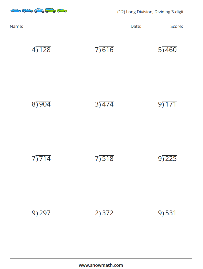 (12) Long Division, Dividing 3-digit Maths Worksheets 15