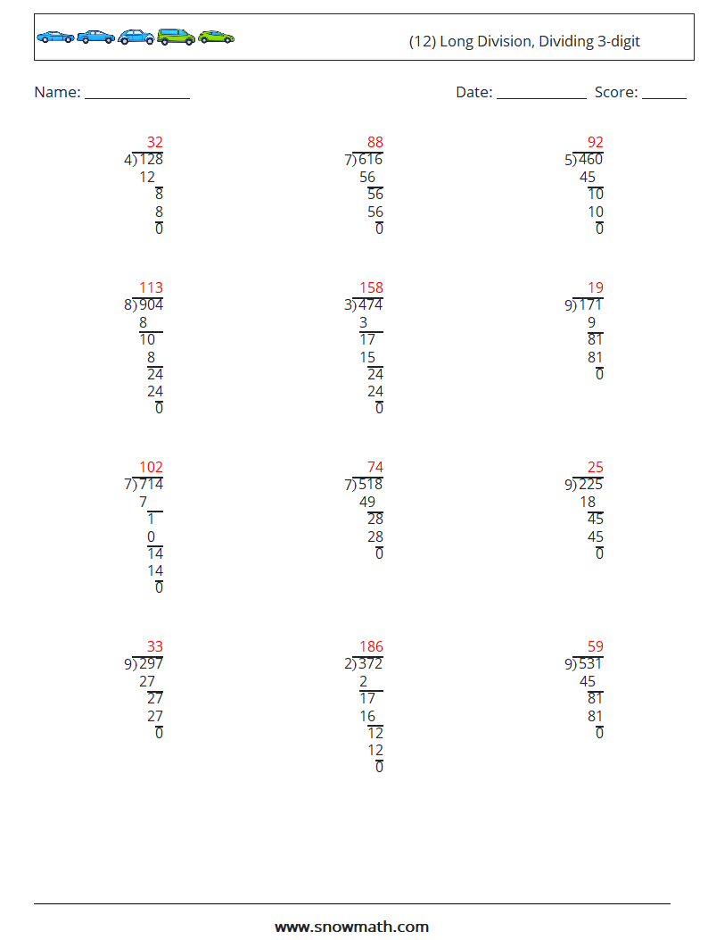 (12) Long Division, Dividing 3-digit Maths Worksheets 15 Question, Answer