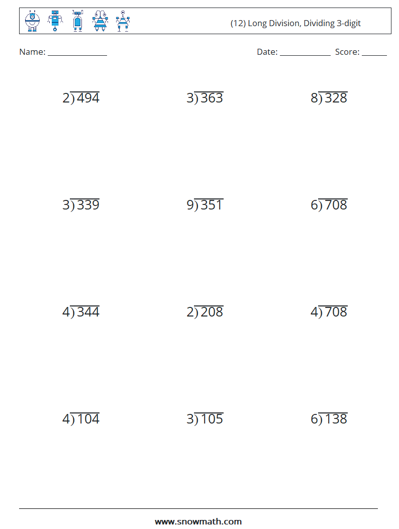 (12) Long Division, Dividing 3-digit Maths Worksheets 16