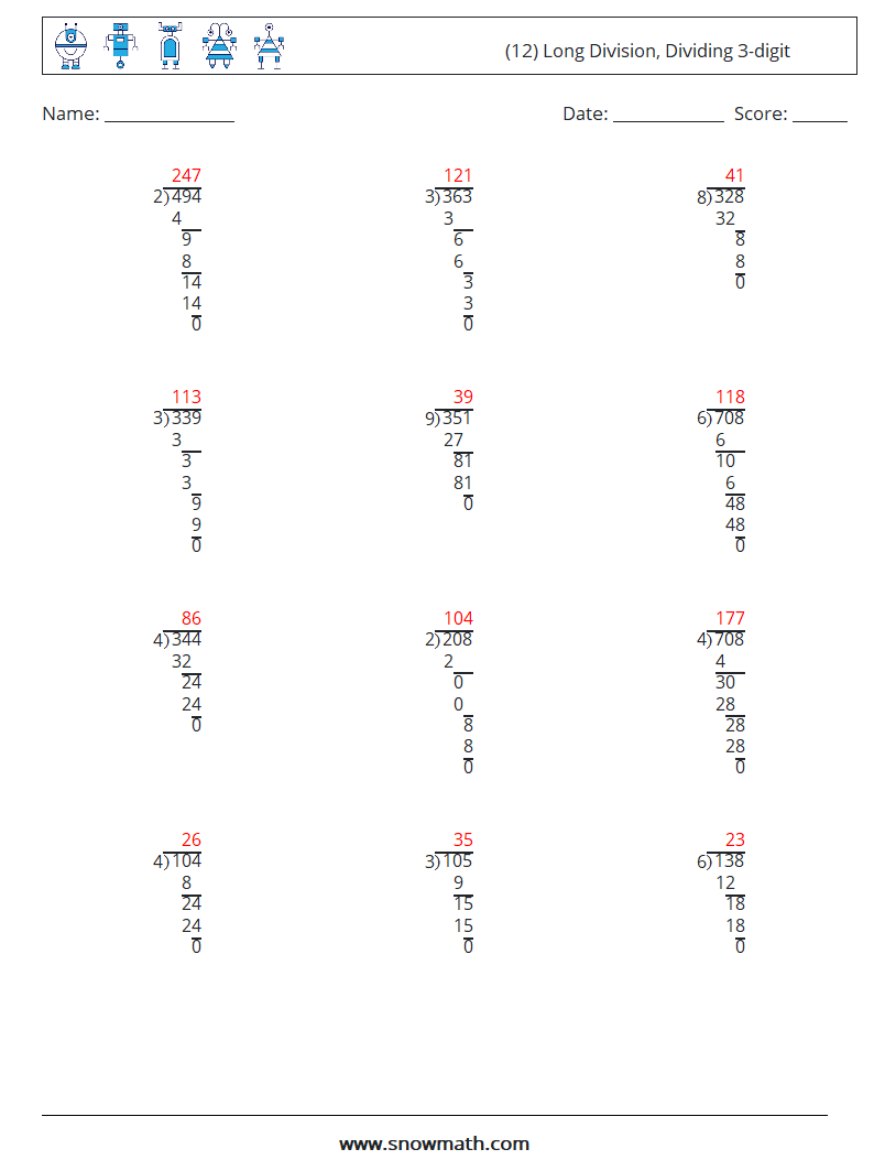 (12) Long Division, Dividing 3-digit Maths Worksheets 16 Question, Answer