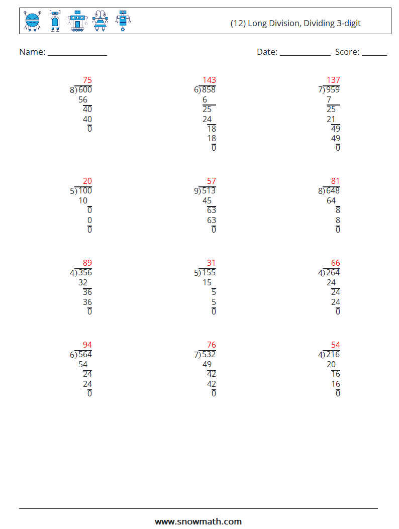 (12) Long Division, Dividing 3-digit Maths Worksheets 17 Question, Answer