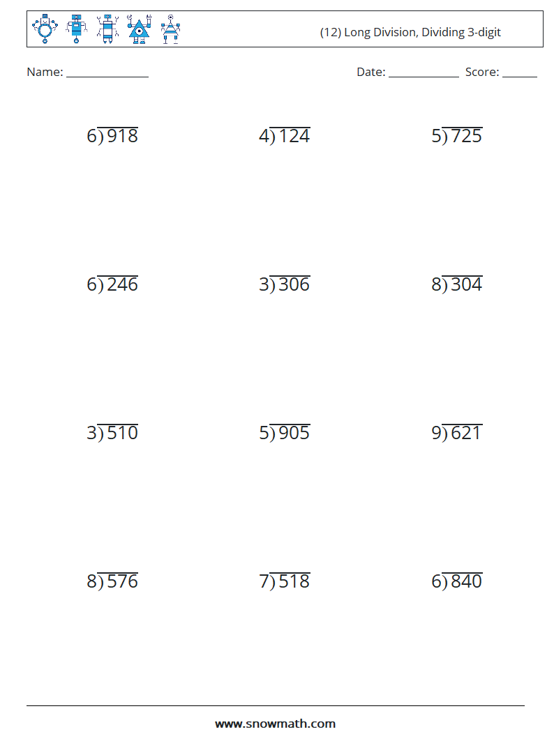 (12) Long Division, Dividing 3-digit Maths Worksheets 18