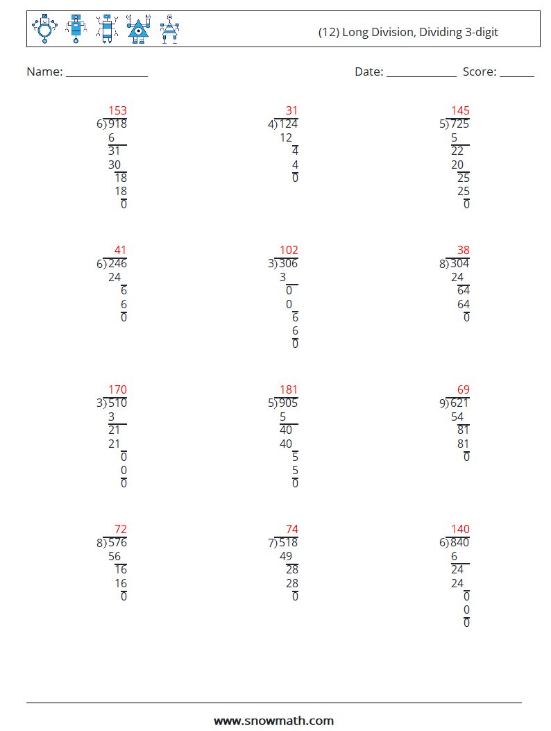 (12) Long Division, Dividing 3-digit Maths Worksheets 18 Question, Answer