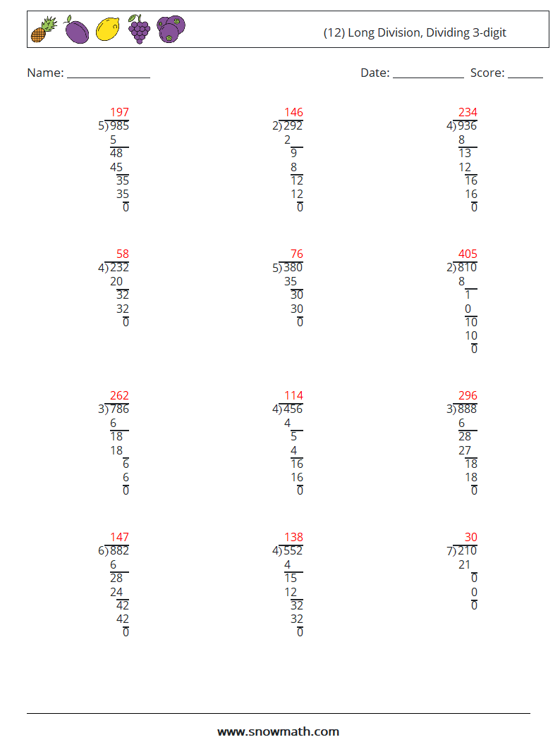 (12) Long Division, Dividing 3-digit Maths Worksheets 1 Question, Answer