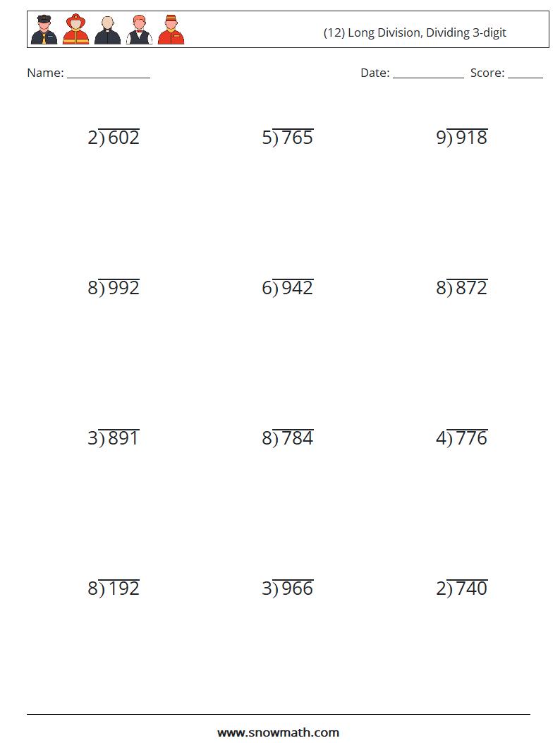 (12) Long Division, Dividing 3-digit Maths Worksheets 2