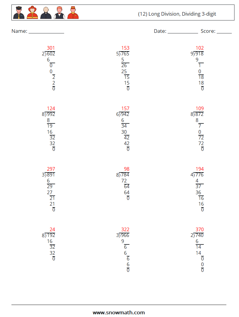 (12) Long Division, Dividing 3-digit Maths Worksheets 2 Question, Answer
