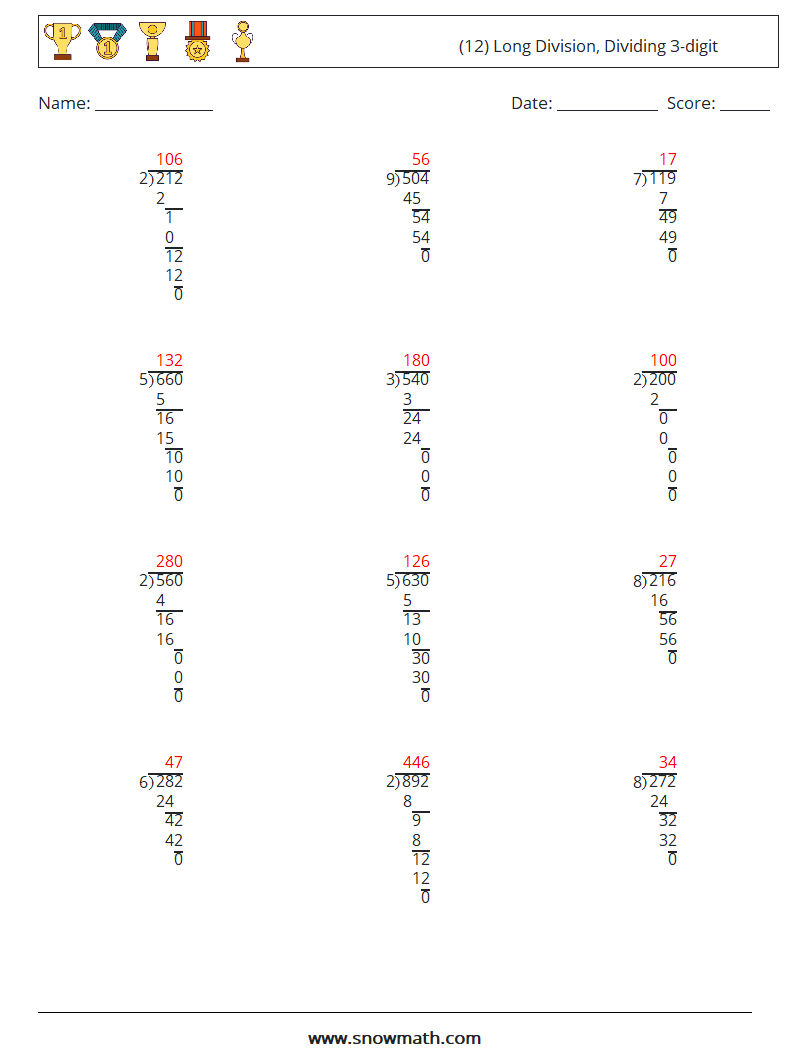 (12) Long Division, Dividing 3-digit Maths Worksheets 3 Question, Answer