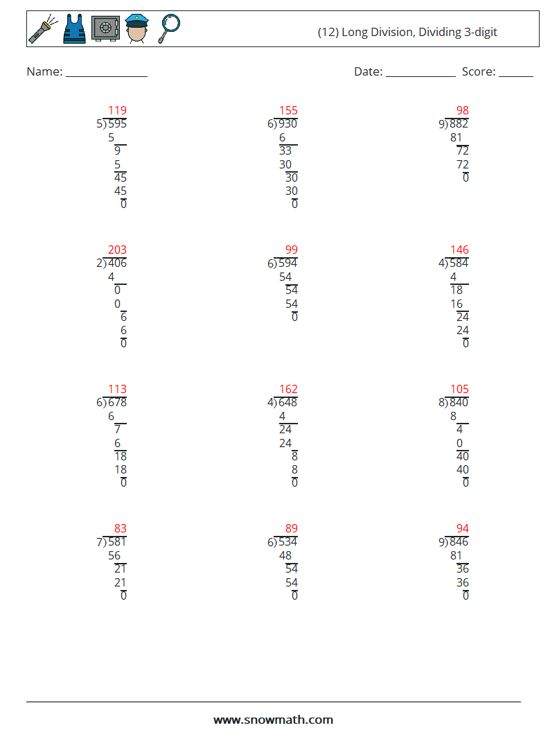 (12) Long Division, Dividing 3-digit Maths Worksheets 4 Question, Answer