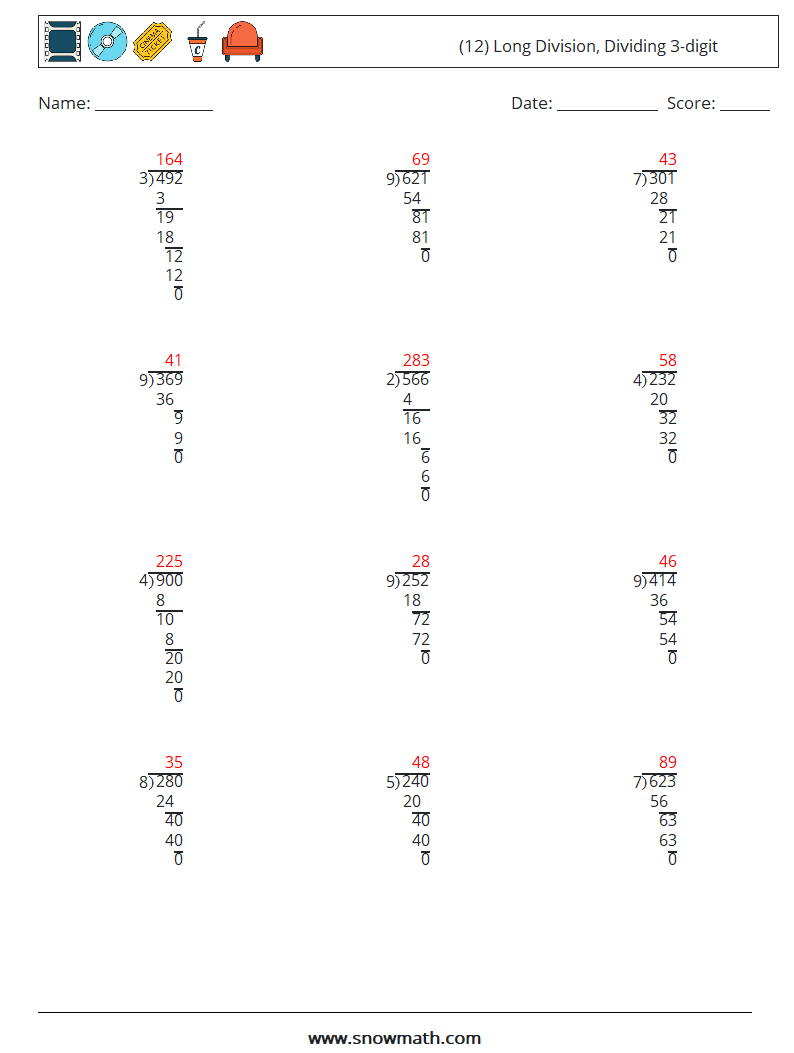 (12) Long Division, Dividing 3-digit Maths Worksheets 5 Question, Answer