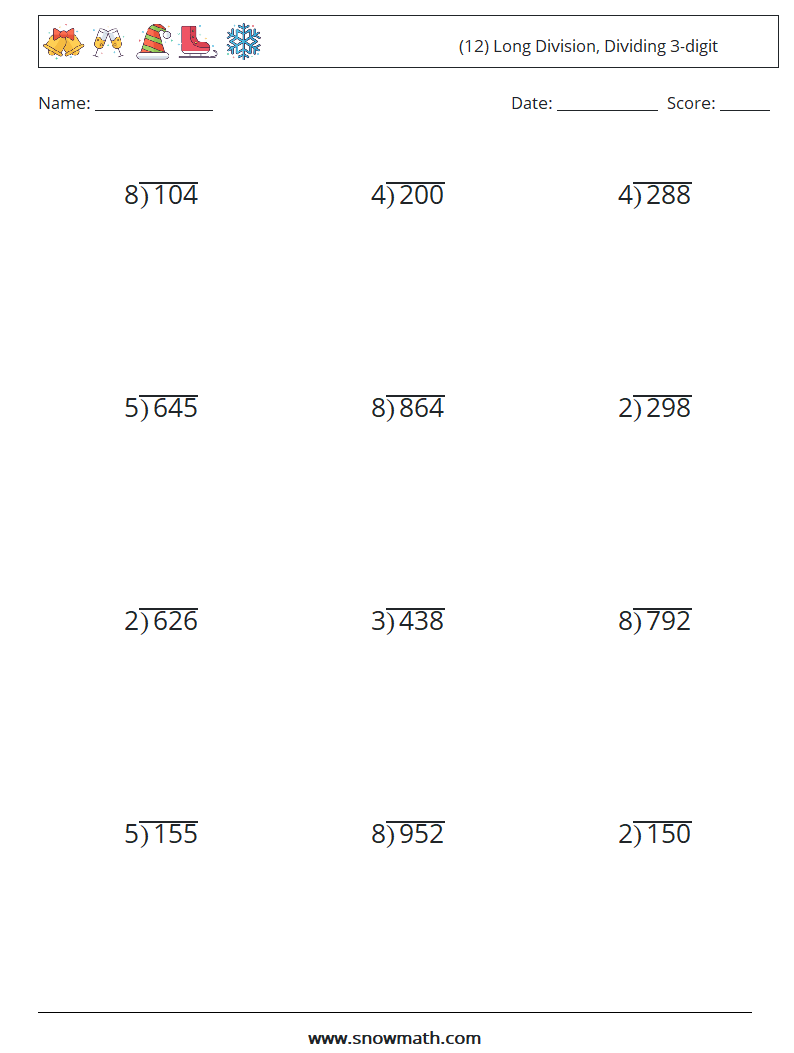 (12) Long Division, Dividing 3-digit Maths Worksheets 6