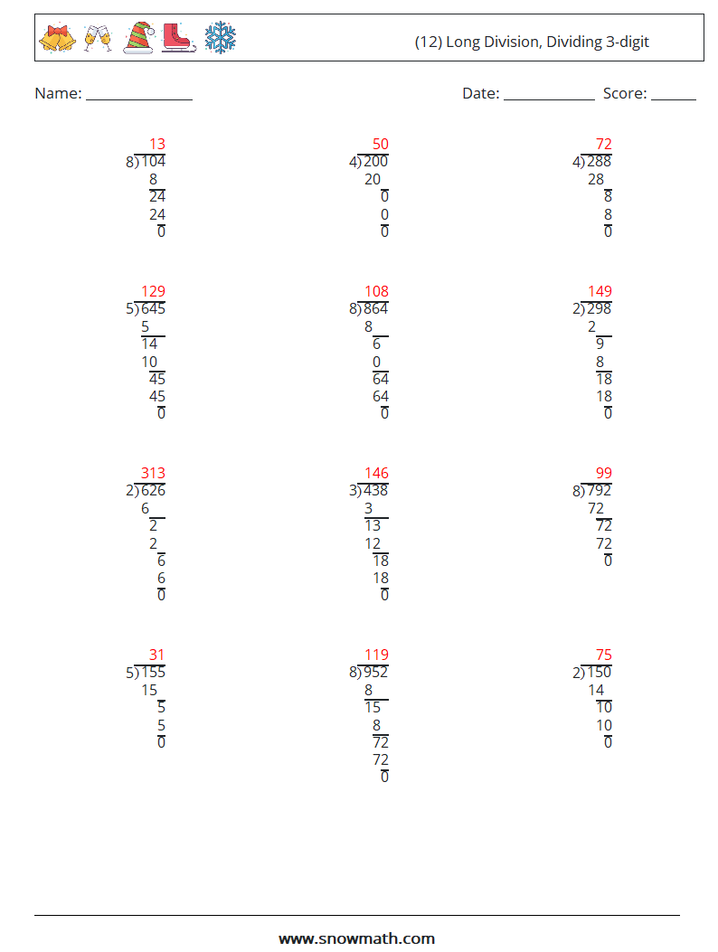 (12) Long Division, Dividing 3-digit Maths Worksheets 6 Question, Answer