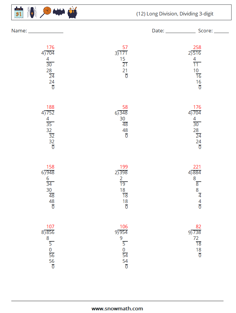 (12) Long Division, Dividing 3-digit Maths Worksheets 7 Question, Answer