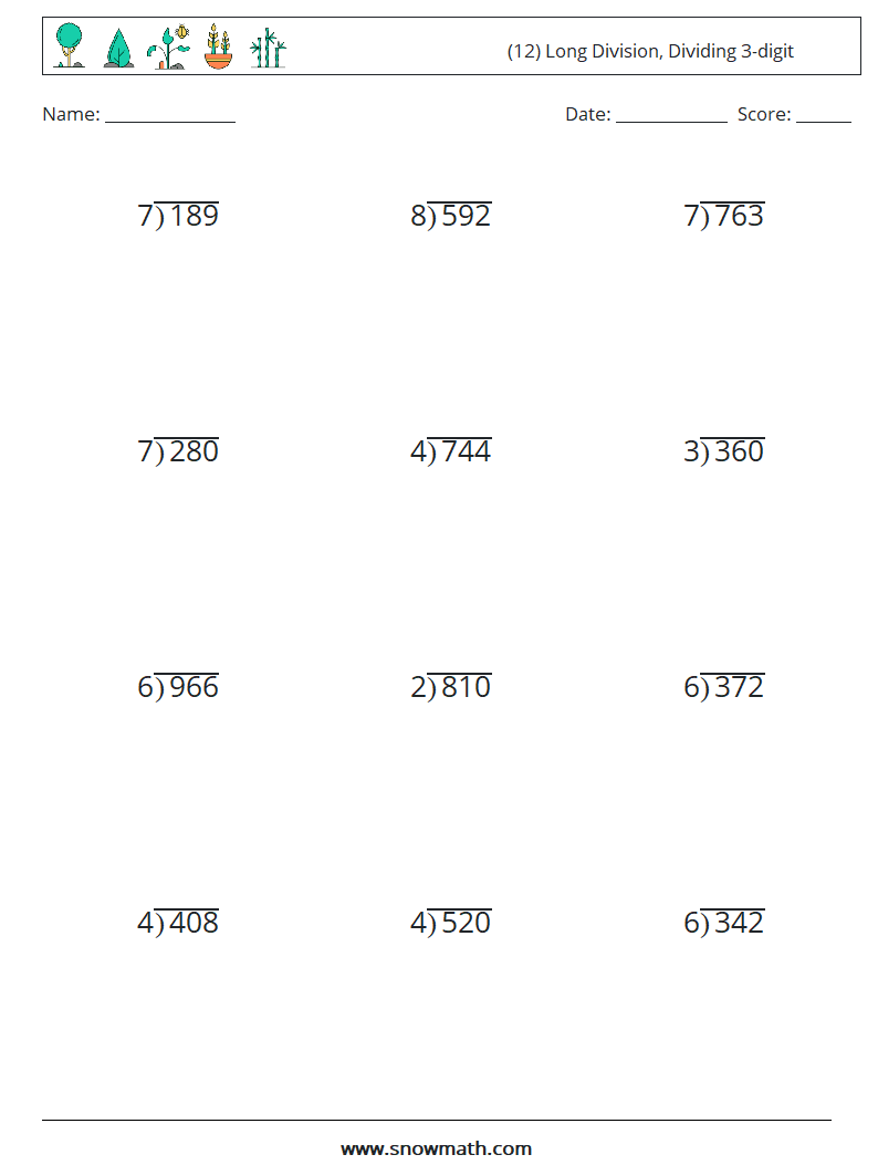 (12) Long Division, Dividing 3-digit Maths Worksheets 8