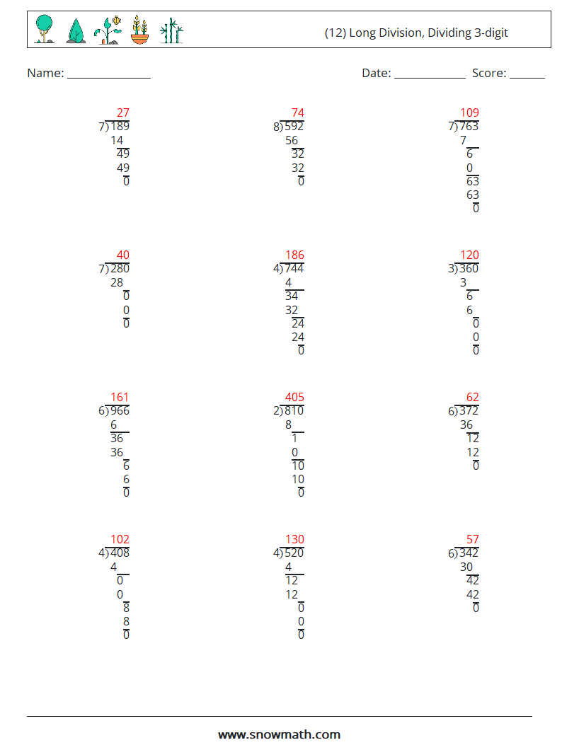 (12) Long Division, Dividing 3-digit Maths Worksheets 8 Question, Answer