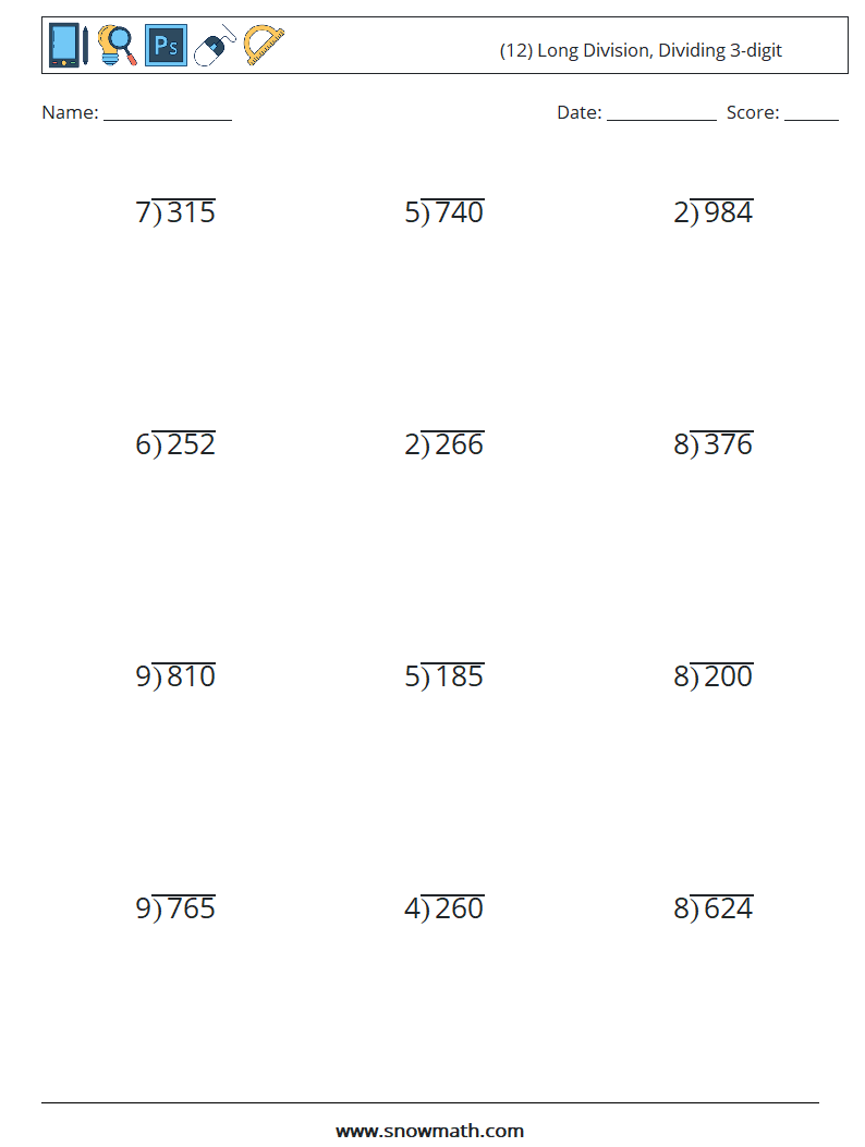 (12) Long Division, Dividing 3-digit Maths Worksheets 9