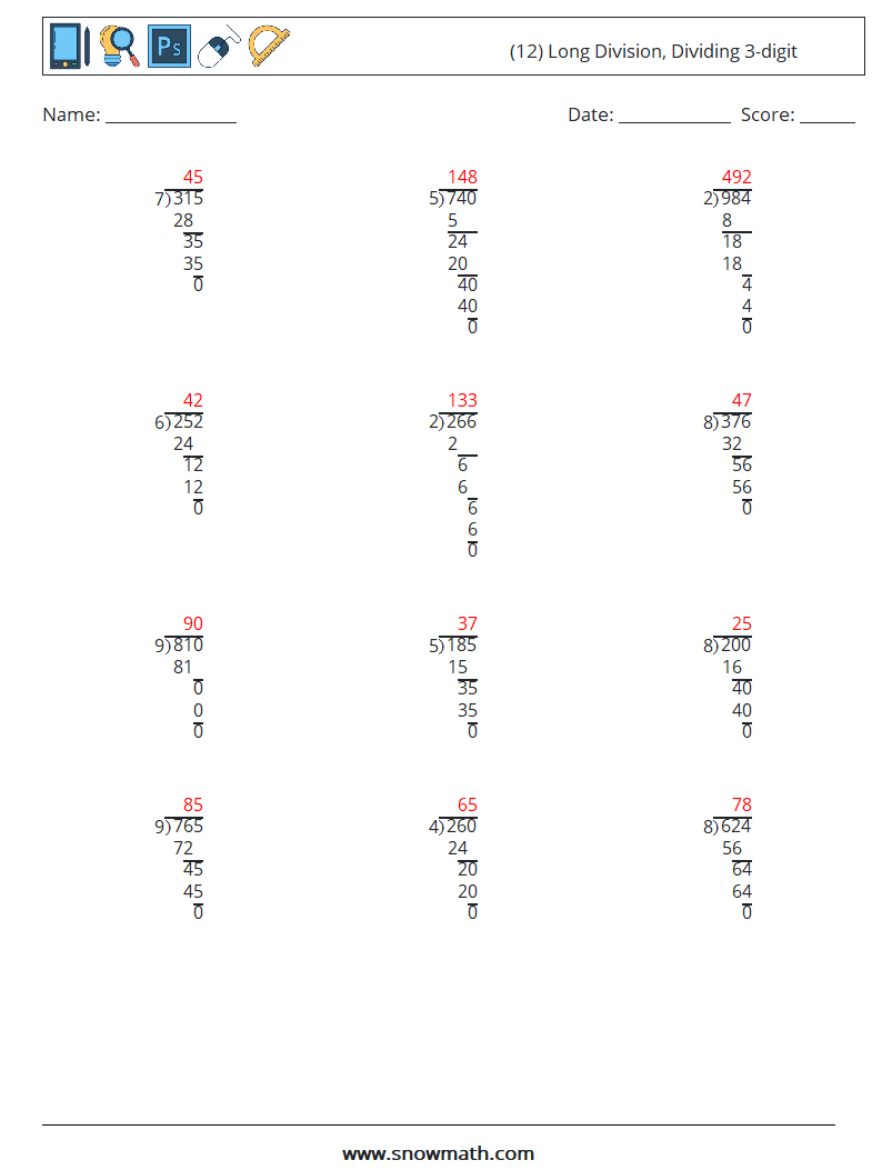 (12) Long Division, Dividing 3-digit Maths Worksheets 9 Question, Answer