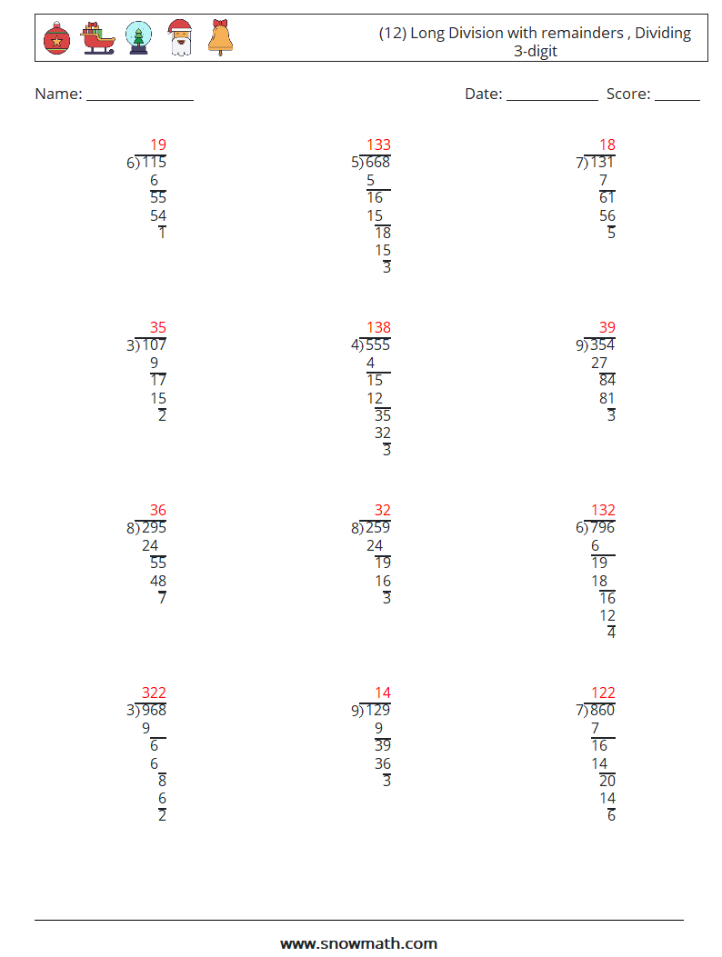 (12) Long Division with remainders , Dividing 3-digit Maths Worksheets 10 Question, Answer
