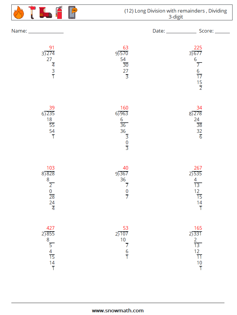 (12) Long Division with remainders , Dividing 3-digit Maths Worksheets 11 Question, Answer