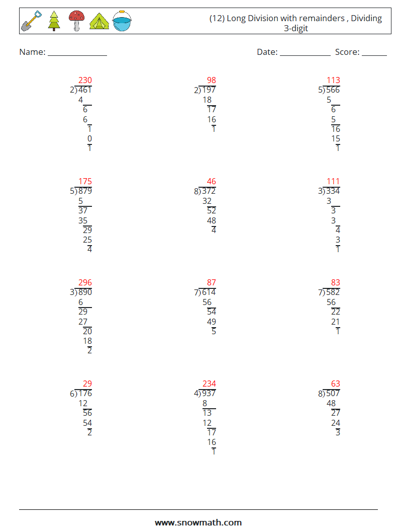 (12) Long Division with remainders , Dividing 3-digit Maths Worksheets 12 Question, Answer