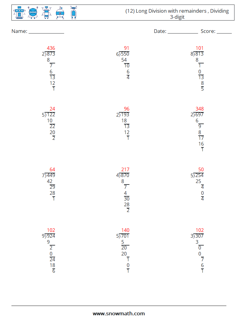 (12) Long Division with remainders , Dividing 3-digit Maths Worksheets 15 Question, Answer