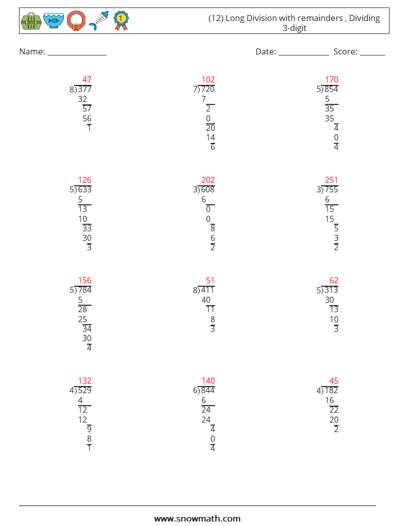 (12) Long Division with remainders , Dividing 3-digit Maths Worksheets 18 Question, Answer