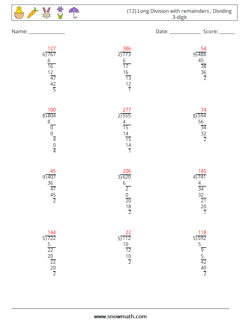 (12) Long Division with remainders , Dividing 3-digit Maths Worksheets 1 Question, Answer