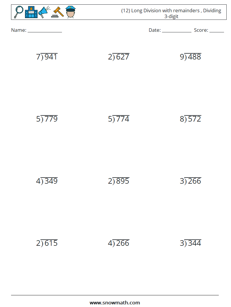 (12) Long Division with remainders , Dividing 3-digit Maths Worksheets 2