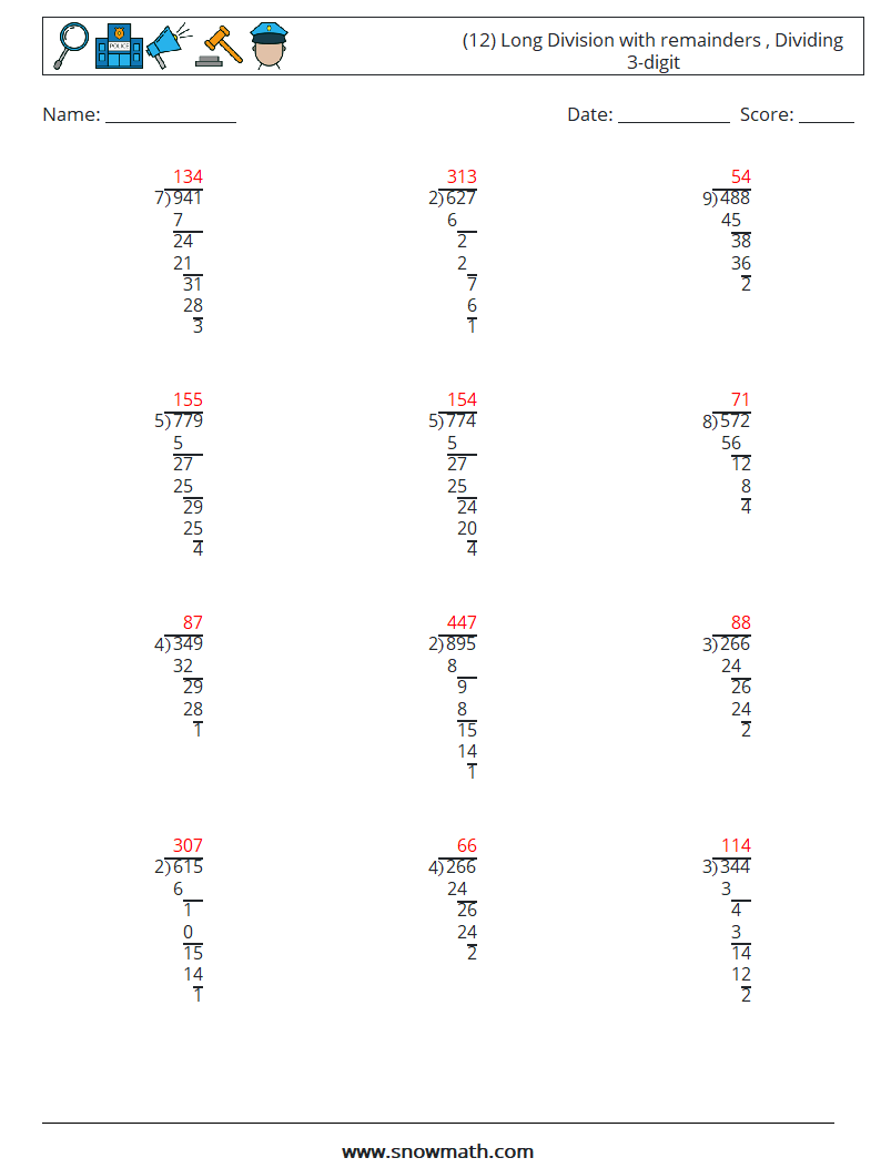 (12) Long Division with remainders , Dividing 3-digit Maths Worksheets 2 Question, Answer