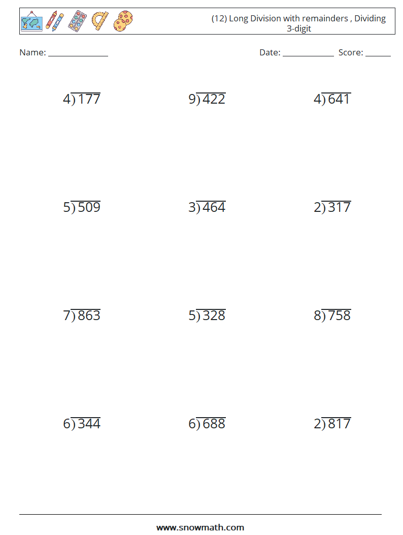 (12) Long Division with remainders , Dividing 3-digit Maths Worksheets 3