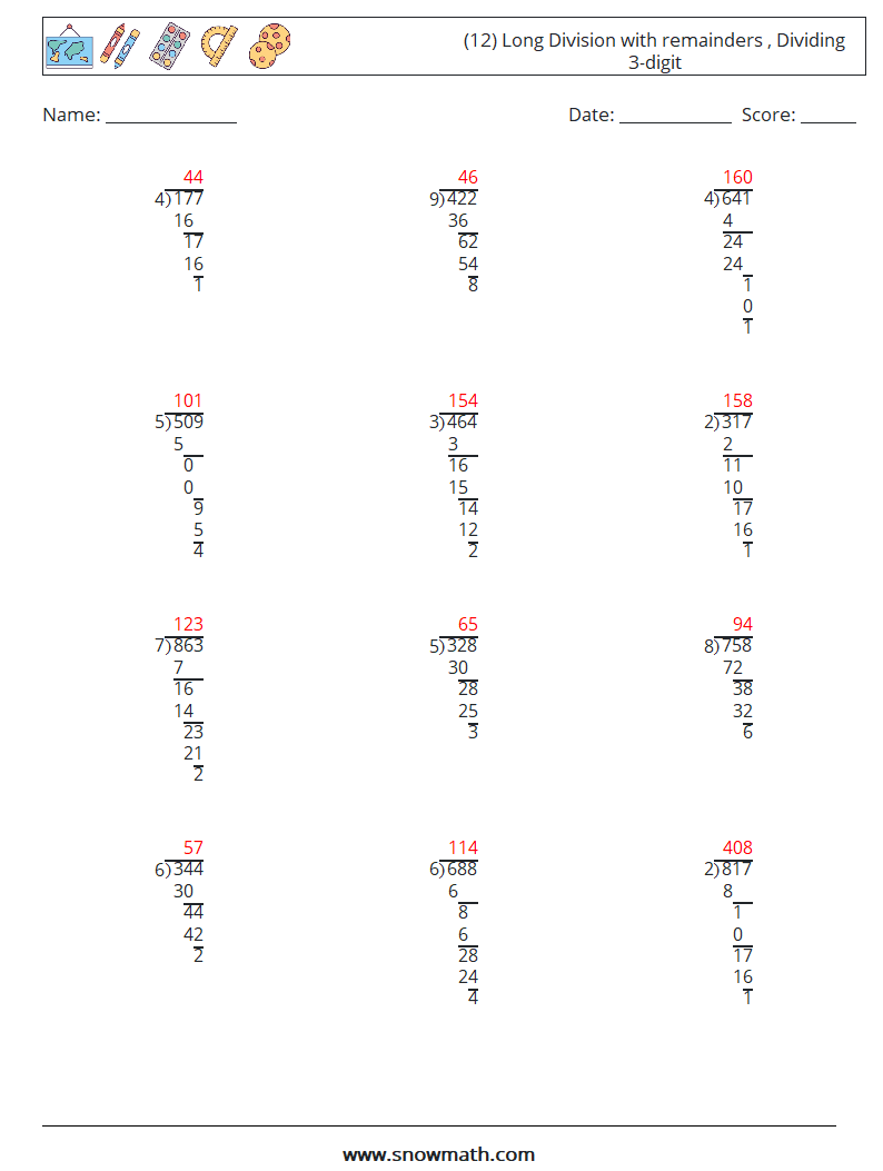 (12) Long Division with remainders , Dividing 3-digit Maths Worksheets 3 Question, Answer