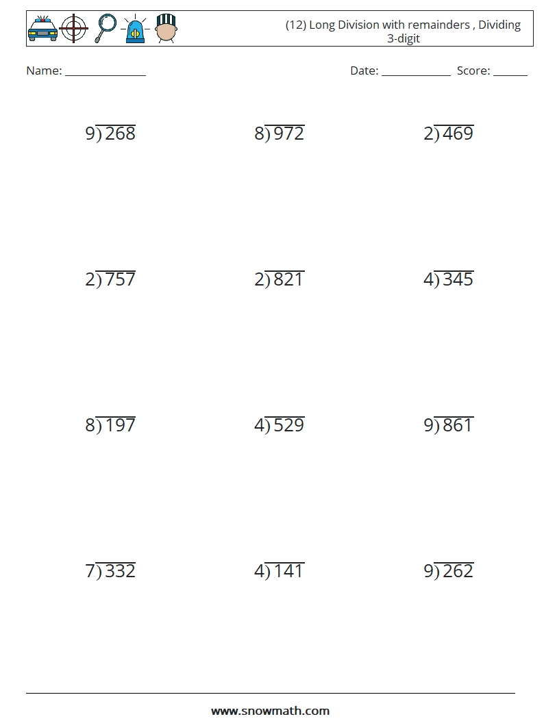 (12) Long Division with remainders , Dividing 3-digit Maths Worksheets 4