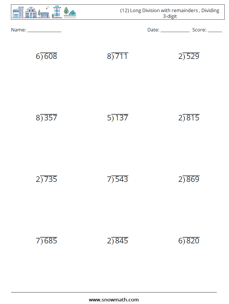 (12) Long Division with remainders , Dividing 3-digit Maths Worksheets 5