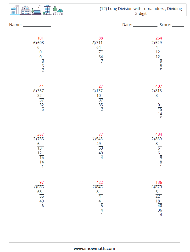 (12) Long Division with remainders , Dividing 3-digit Maths Worksheets 5 Question, Answer